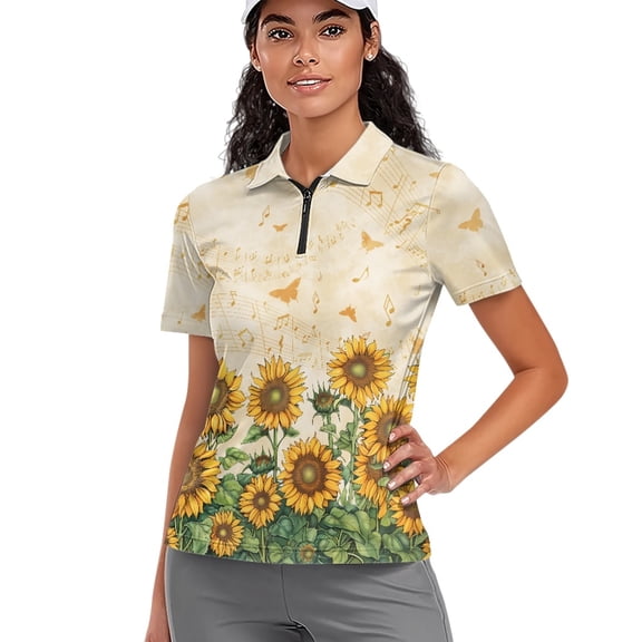 Whosucclay Breathable Golf Polo Tops, Sunflower Notes Pattern Polyester Casual Sports 1/4 Zip Polo Shirts for Tennis Gym Outdoor Sports Size Medium