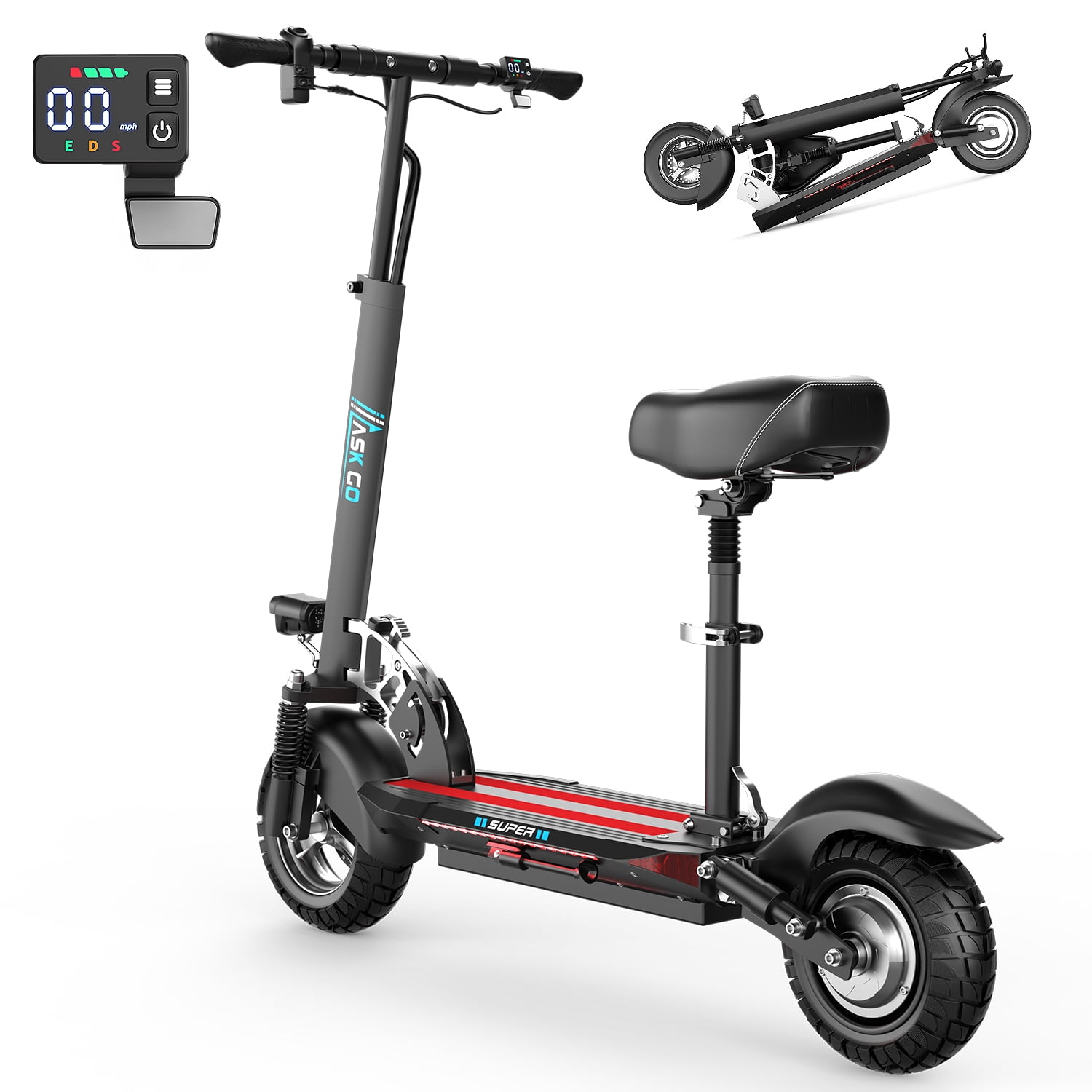 ASKGO Q2 1200W Peak Off Road Electric Scooter for Adults ,3 speed&27MPH &35Mile Escooter,48V 15AH Electric Scooter With Detachable/Foldable seat, 10''Tire All Terrain，330LBS Capacity，UL2272