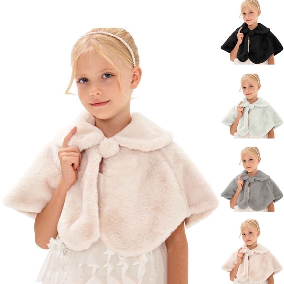 Fewfanhot Girls Faux Fur Collared Capelet, Front Knot Short Shawl Wrap for Wedding FlowerGirl Dress Cover Up