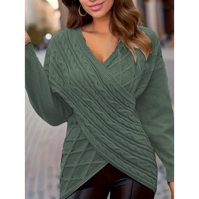 Plus Size Cozy Chic Cable Knit Sweater - Soft Drop Shoulder Long Sleeve Cross V Neck
