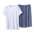 thumbnail image 3 of PIWHJQK 2 Pieces Men Pajama Set Elastic Waist Sleepwear Men's Solid Crew Neck Tee Elastic Pocket Shorts 2 Piece Pajama Men Sleepwear, 3 of 6
