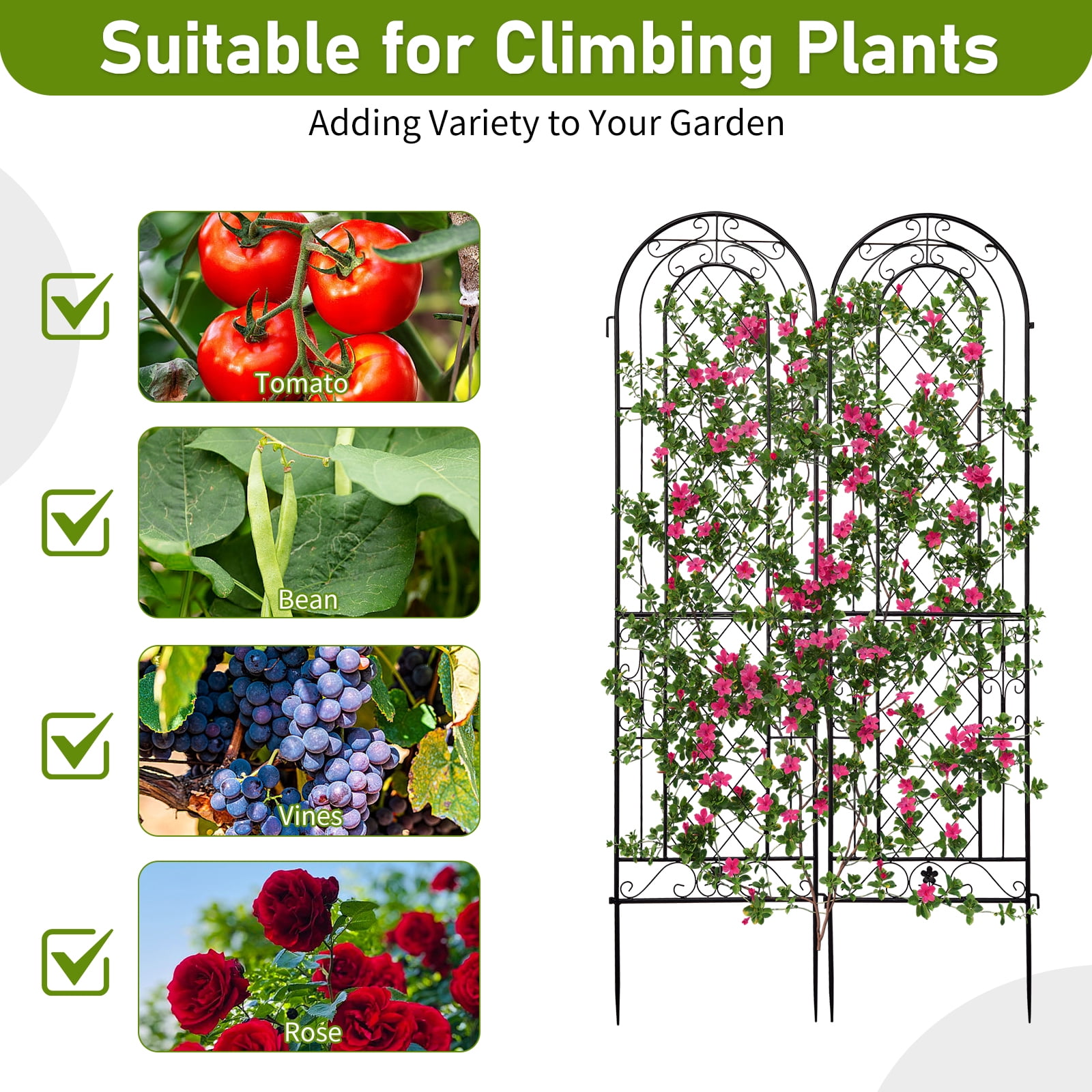 Xilee 2 Pack 16 x61 in Durable Garden Trellis for Climbing Plants,Wire Lattice Grid Panel for Climbing Plants Outdoor Roses Vine Cucumbers Vegetables Flower Support Black