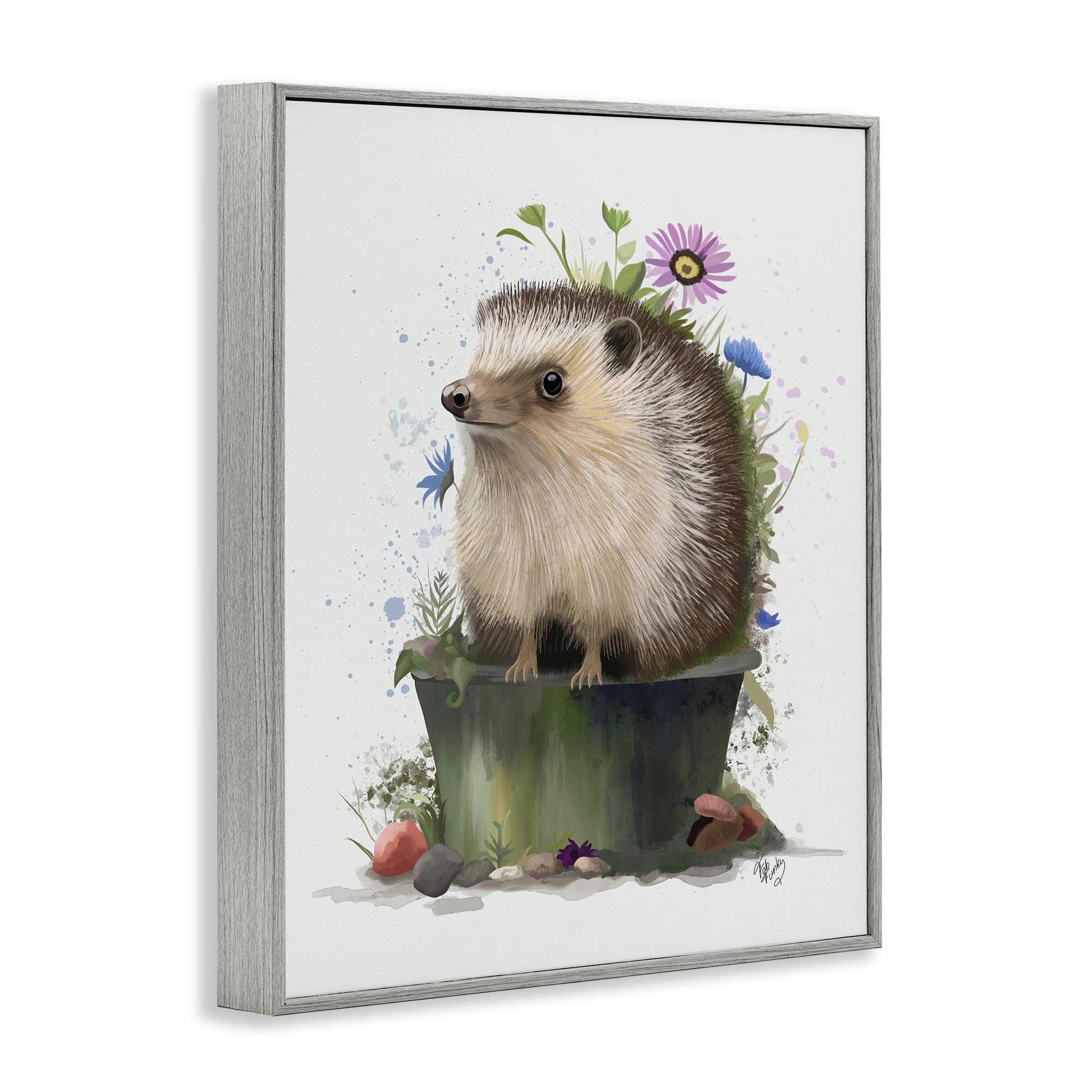 Stupell Industries Hedgehog in Gardening Pot Animals & Insects Painting Gray Framed Art Print Wall Art, 11 x 14