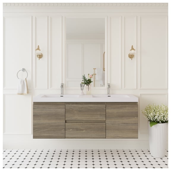 60" Floating Bathroom Vanity with Sink, Modern Wall-Mounted Bathroom Storage Vanity Cabinet with Solid Surface Top Basin, Two Sinks and Soft Close Drawers, Grey 24V11-60DAG