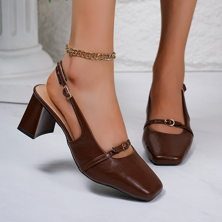 brown dress heels for women Viluyesy Dress Shoes for Womens, Square Toe Chunky Heels Ankle Strap Ladies Party Wedding Sandals Brown Us5.5, Women's
