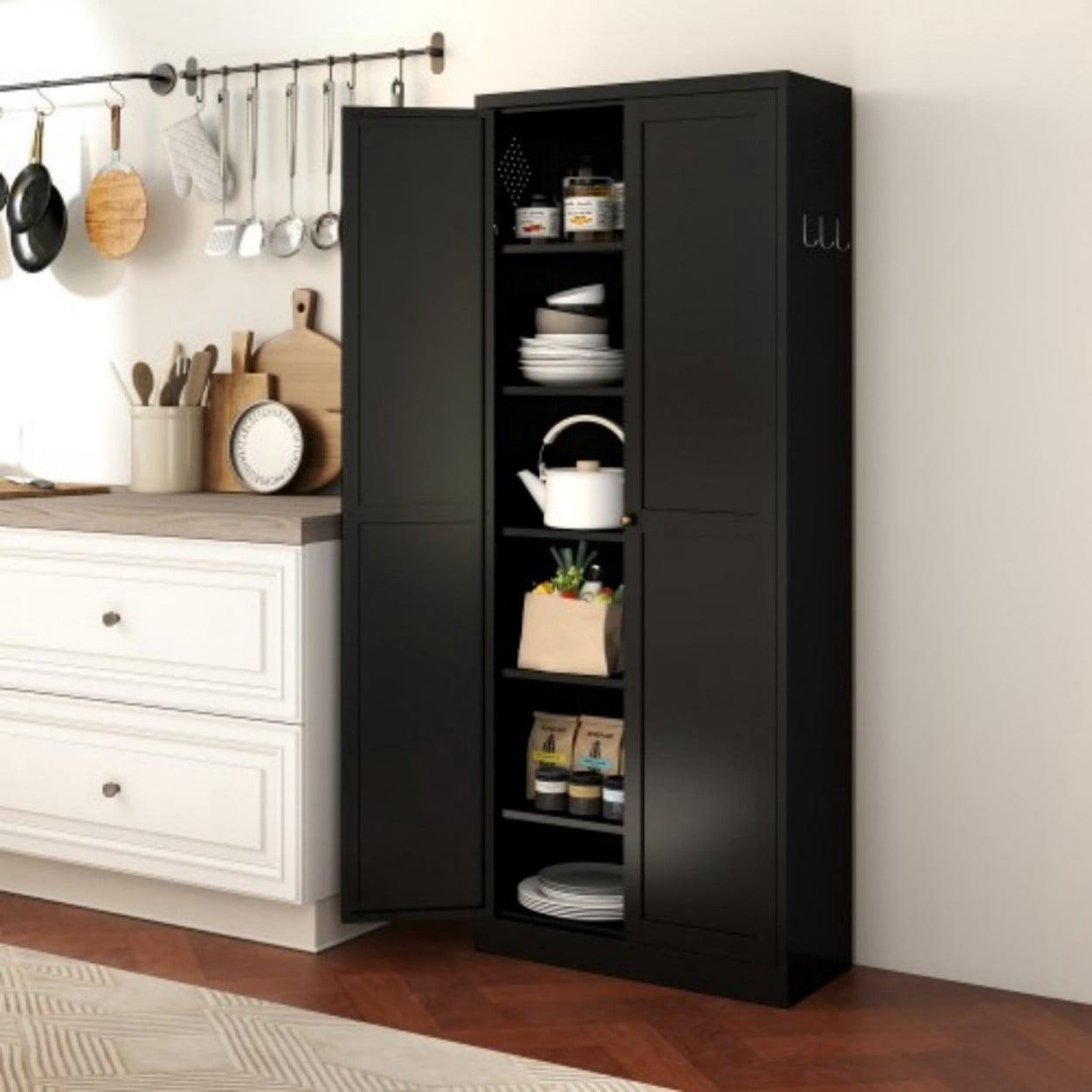 72" White Metal Kitchen Pantry Cabinet with Doors, Heavy Duty Freestanding Storage Organizer, 5 Adjustable Shelves, Tool-Free Assembly Cabinet for Kitchen Bathroom Pantry, Black