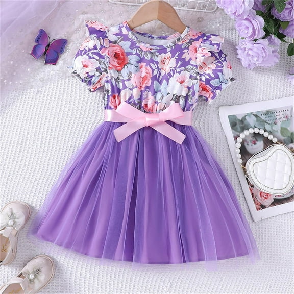 USSUMA Girls Summer Dress Short Sleeve Crewneck Graphic Sundress Puff Sleeve Tulle Casual Dresses Loose Fit Mid-Length Hawaiian A-Line Dress Purple 2 Years