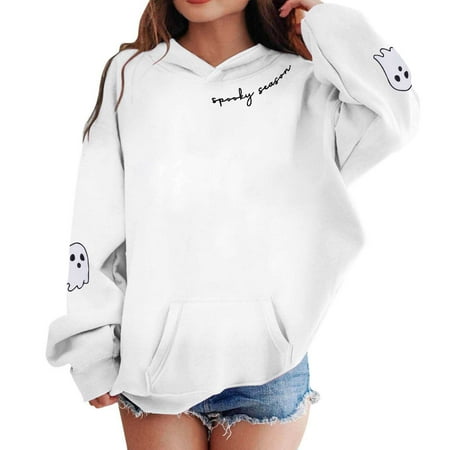 LIIPEE Girls Hoodies Halloween Cartoon Ghost Letter Printed Long Sleeve Hooded Pullover Sweatshirt With Pocket Child Comfort Daily Sweatshirt White 11-12 Years