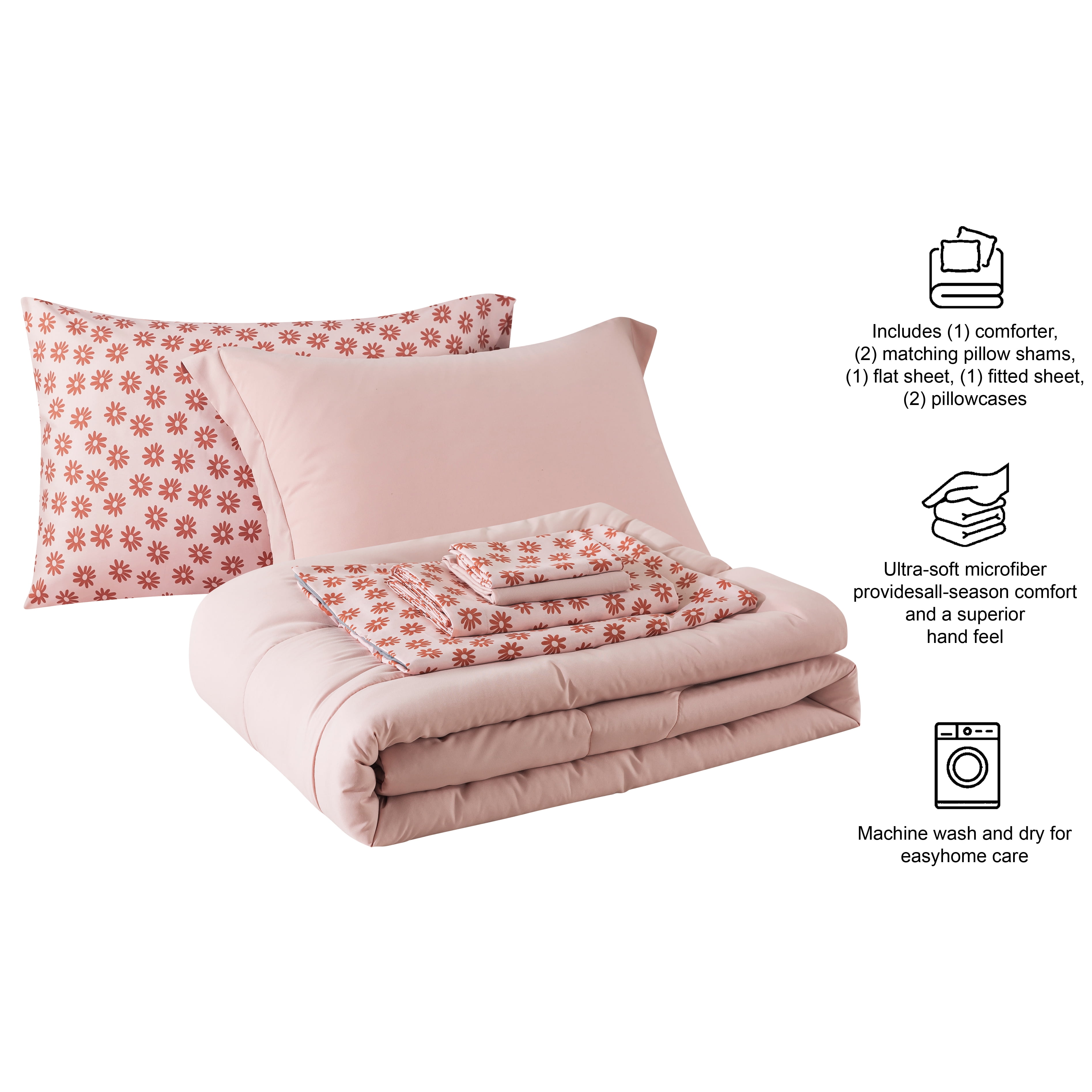Mainstays 7-Piece Reversible Bed in a Bag Comforter Set with Sheets, Pink, Queen