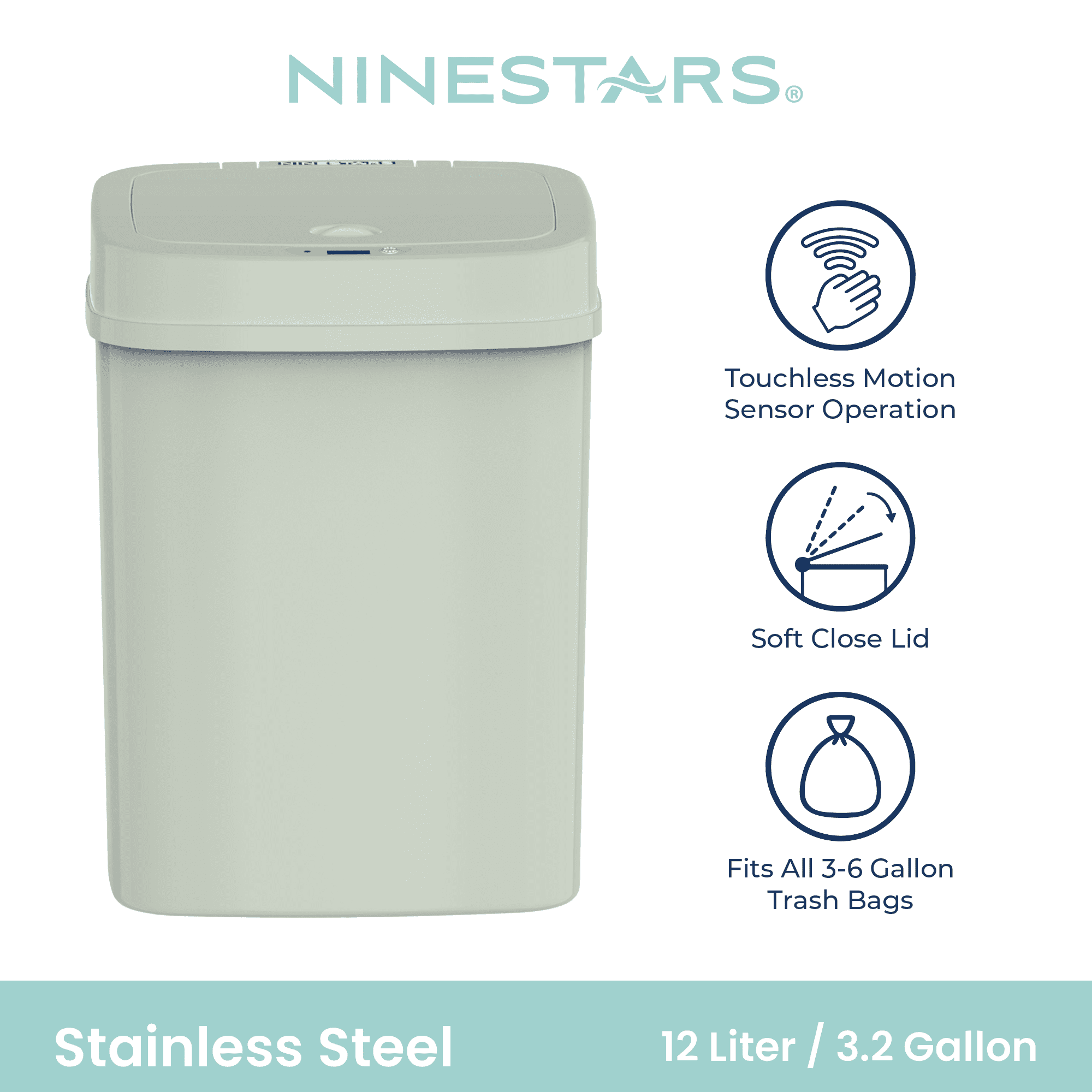 Nine Stars Automatic Bathroom Trash Can, 3 Gallon Plastic Motion Sensor Garbage Bin with Soft Close Lid, Green
