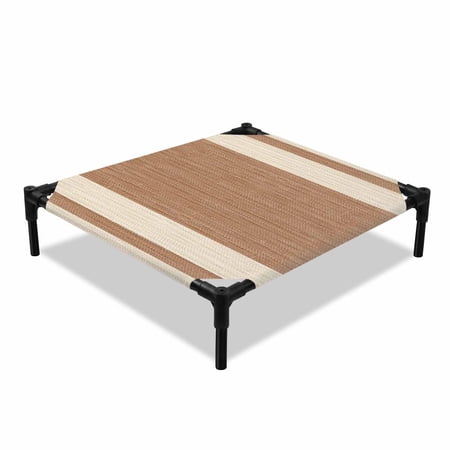 Brown Stripe Elevated Dog Bed Modern Geometric Classic Linear Slub Fabric Texture Cooling Breathable Outdoor Raised Dog Cot Bed with Metal Frame Non-Slip Feet for Small Dog 20x20in