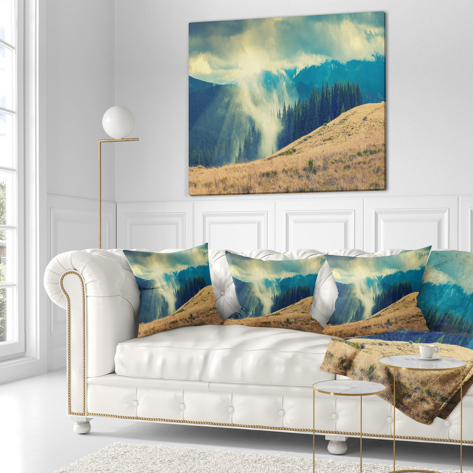 Designart Blue Forest in Fog - Landscape Photography Throw Pillow - 18x18