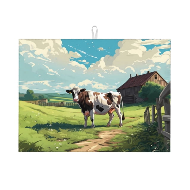 Fotbe Prairie Pasture Cow Alfombrilla de Secado para Cocina con Estampado, 18x24 Pulgadas