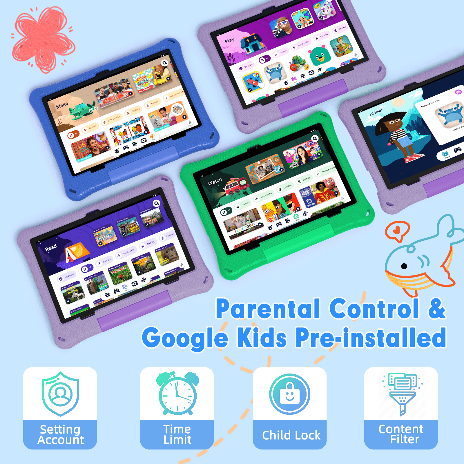 Callsky 10.1 inch Android 15 Kids Tablet, ABCmouse Authorized Learning App, 12GB+64GB, 8-Hour Battery, Parental Controls, Google Kids Space, Purple