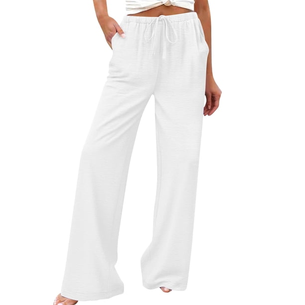 Pantalones de Lino Mujeres de Verano de Color Sólido Estirado-Cintura Casual Pantalones Rectos con Mezcla de Lino de Algodón Suave, Pantalones Transpirables de Longitud de Tobillo para Diario