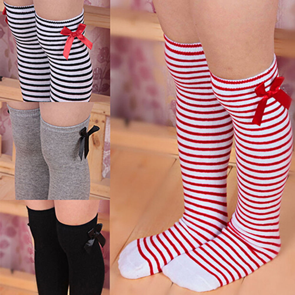 Profusion Circle Kids Girls Sweet Striped Bowknot Knee-High Socks Tight Winter Cotton Leg Warmer