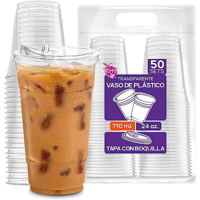 Berry Hip 50 Vasos de Plastico con Tapa con Boquilla Transparentes de 24 oz (710 ml), Desechables, Vasos Perfectos para Llevar Café, Chocolate, Bebidas Frias, Batidos Best Trading VTB24-1