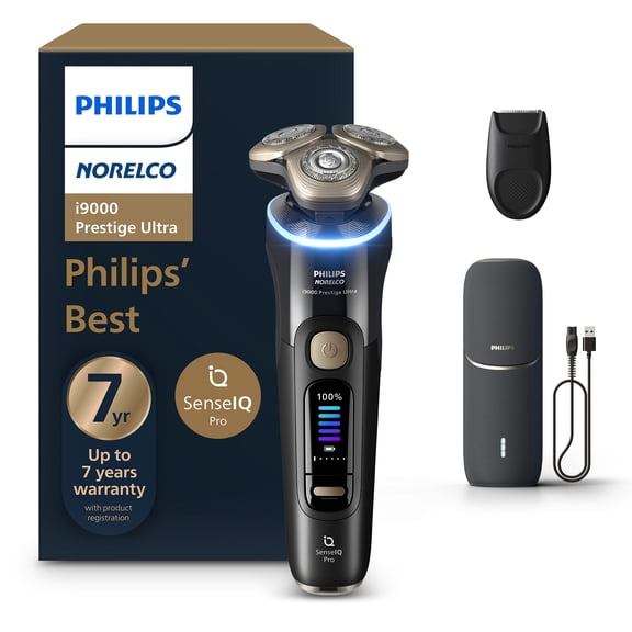 Philips Norelco Shaver I9000 Prestige Ultra, Wet & Dry Electric Shaver, Ink Black, Senseiq Pro Technology, Triple Lift & Cut System, 360 Rotating Nanotech Precision Blades, 5 Shaving Modes, XP9400/89