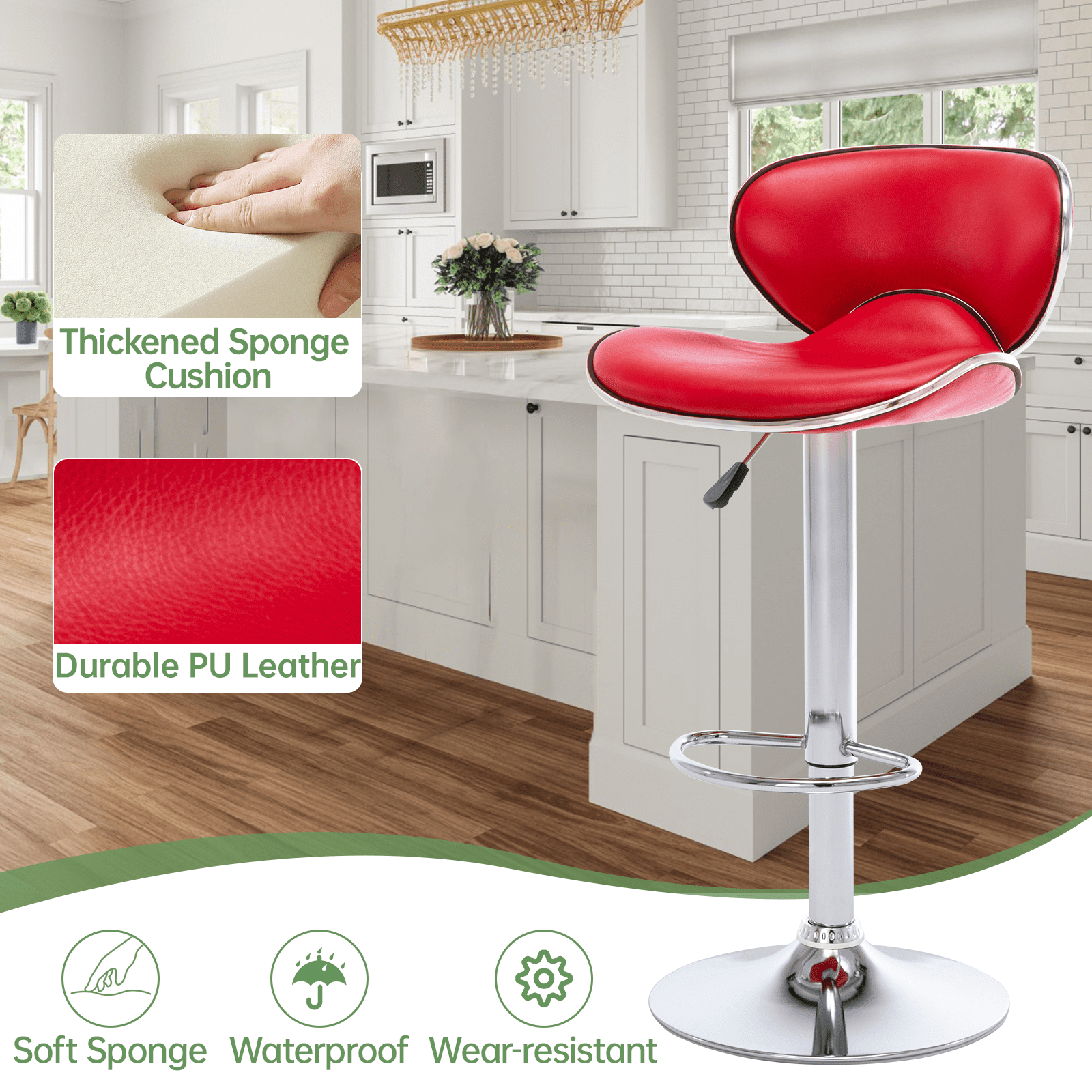 Bar Stools Set of 4, PU Leather Adjustable Swivel Bar Chairs for Kitchen Counter Island, Modern Armless Shell-Shaped Counter Height Stools for Dining Room Café Pub (Red)