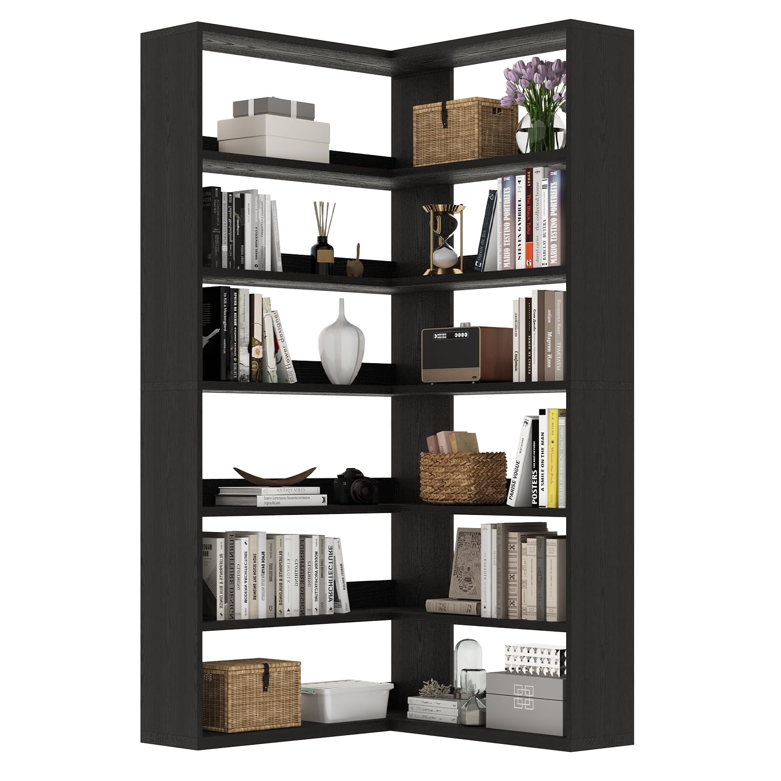 DreamCurship 71” Tall Corner Bookshelf, 6 Tier L-Shaped Large Display Bookcase with LED Light, Industrial Corner Etagere Bookcase Storage Display Rack for Living Room Home Office, Rustic Brown, Black