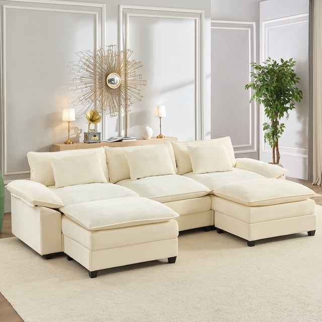 Puremind 118" Oversized Modular Sectional Sofa, Chenille U Shaped Cloud Couch, 30" Deep Seat Couch with Movable Ottomans for Living Room/Apartment, Beige