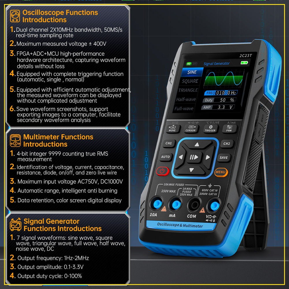 2C23T Handheld Digital Dual Channel Oscilloscope Multimeter 3in1 SignalGenerator