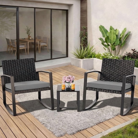 3 Pieces Outdoor Furniture Set, Outdoor Wicker Bistro Set with Soft Cushions and Glass Table for Yard, Garden, Pool, Balcony, Gray