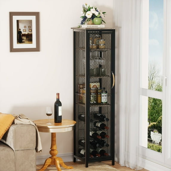 VECELO Freestanding Wine Rack with Mesh Door, 18 Bottles Storage Capacity with Wine Glass Holder Rack, Industrial 9 Tier Display Shelves for Home Bar, Old School