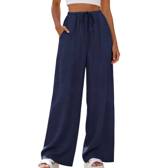 Nhthy Women's Summer Casual Straight Leg Long Pants, Solid Loose Fit Breathable Full Length Trousers for Everyday Outfits Navy S