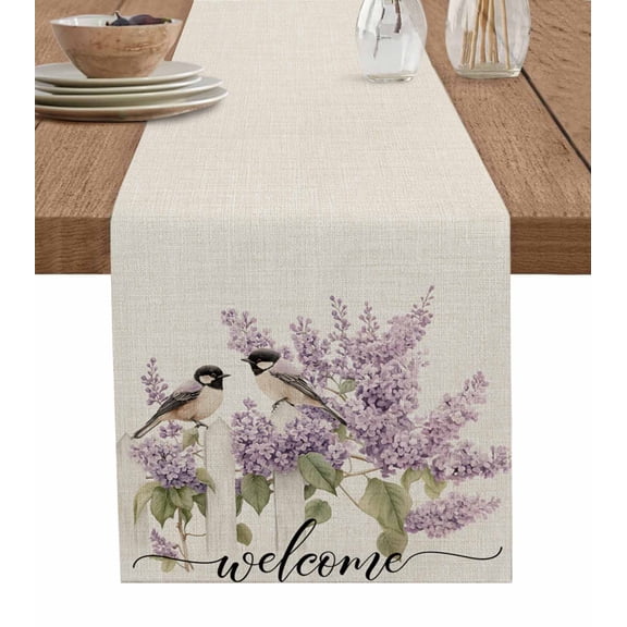 Lavender Bird Burlap Cotton Table Runner 16x72 Inches Long, Country Purple Garden Flowers Spring Farmhouse Table Runners, Outdoor Dining Tablecloths Decor for Baby Shower/Party/Wedding