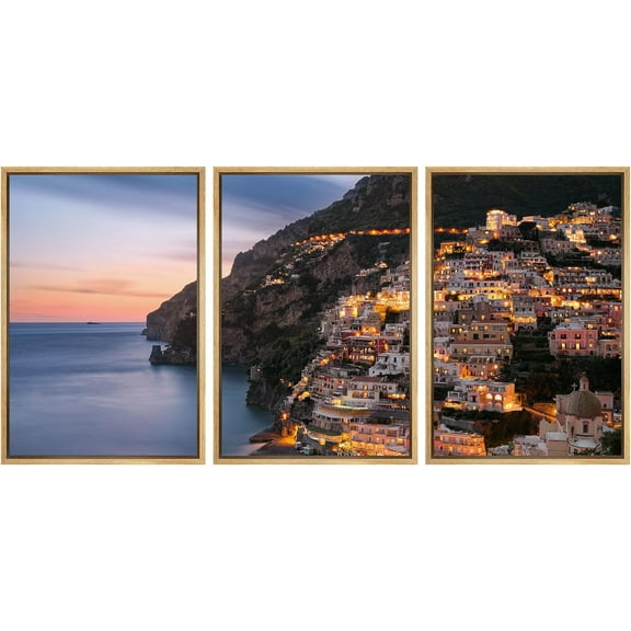Wall26 Framed Prints Canvas Wall Art Set of 3 Italian Capri Island Sunset Nature Wilderness Photography Realism Decoration Landscape Rustic Country/Farmhouse Wall Decora - Natural 24"x36"x3