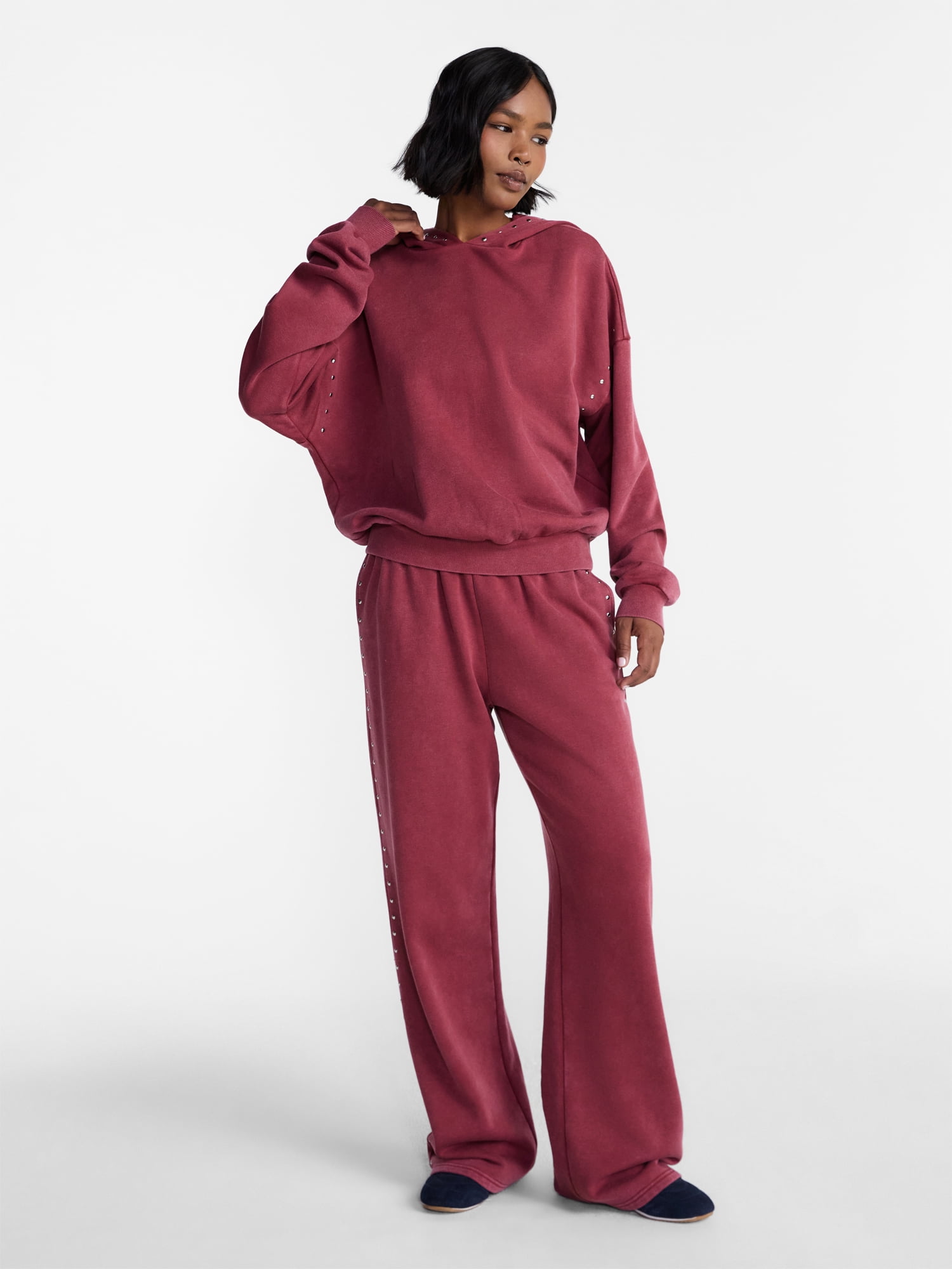 No Boundaries Mineral Wash Studded Fleece Oversized Hoodie, Women's XXS-XXL