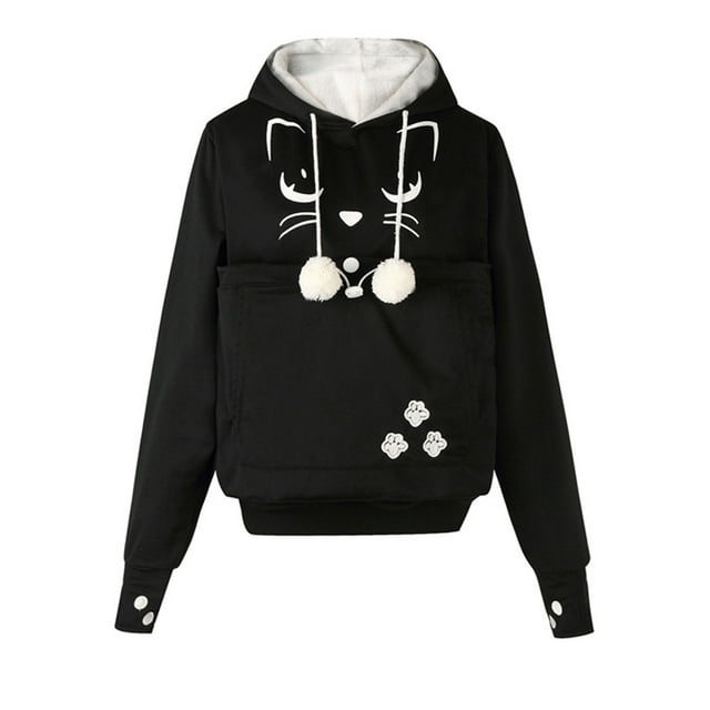 Pompotops Automne et Hiver Femmes Visage de Chat Imprimé Chandail à Capuche Manches Longues Chapeau de Chat Hauts à Cordon Chandails en Molleton