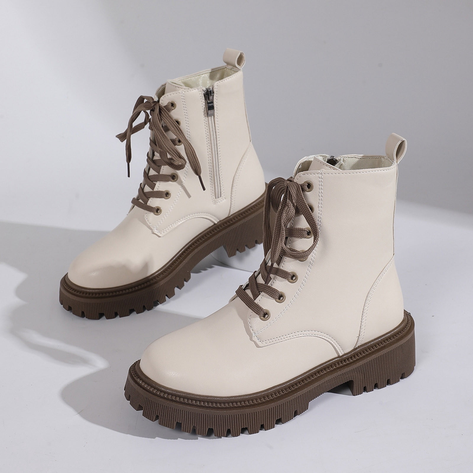 I.N.C. Brody White Size 7.5 Boots Combat Lace Up Round Toe Vegan Leather Viluyesy Combat Boots for Womens, Round Toe Lace-Up Zipper  main image 2