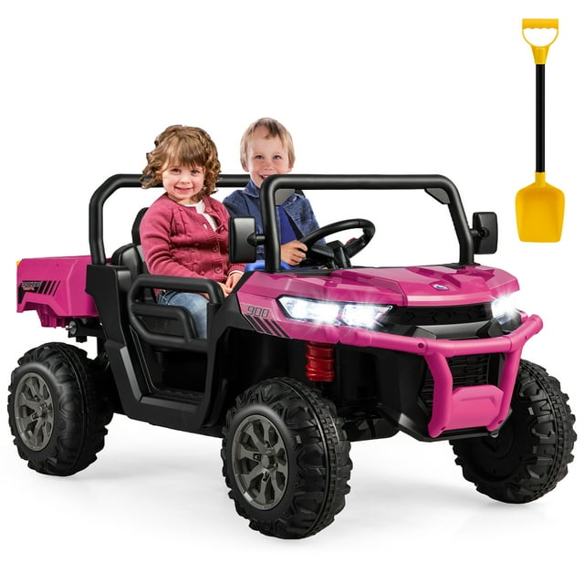 Gymax Camion-Benne pour Enfants 24 V Camion Électrique 2 Places avec Télécommande Rouge Rose
