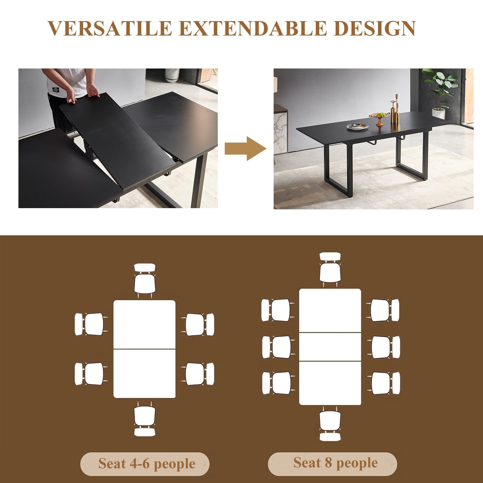 Lecut Extendable Dining Table for 4-8 Person, Extendable from 55" to 71", Modern Rectangle Dining Table with MDF Tabletop and Metal Frame, Expanding Kitchen Table for Home, Office,Black