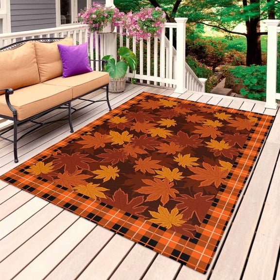 Orange Maple Leaves Fall Outdoor Rug 3x5 Ft, Non Slip Washable Area Rug, Thanksgiving Orange Buffalo Plaid Patio Rugs Carpet Runner, Large Floor Mat for Indoor/Outdoor Deck Porch Camping