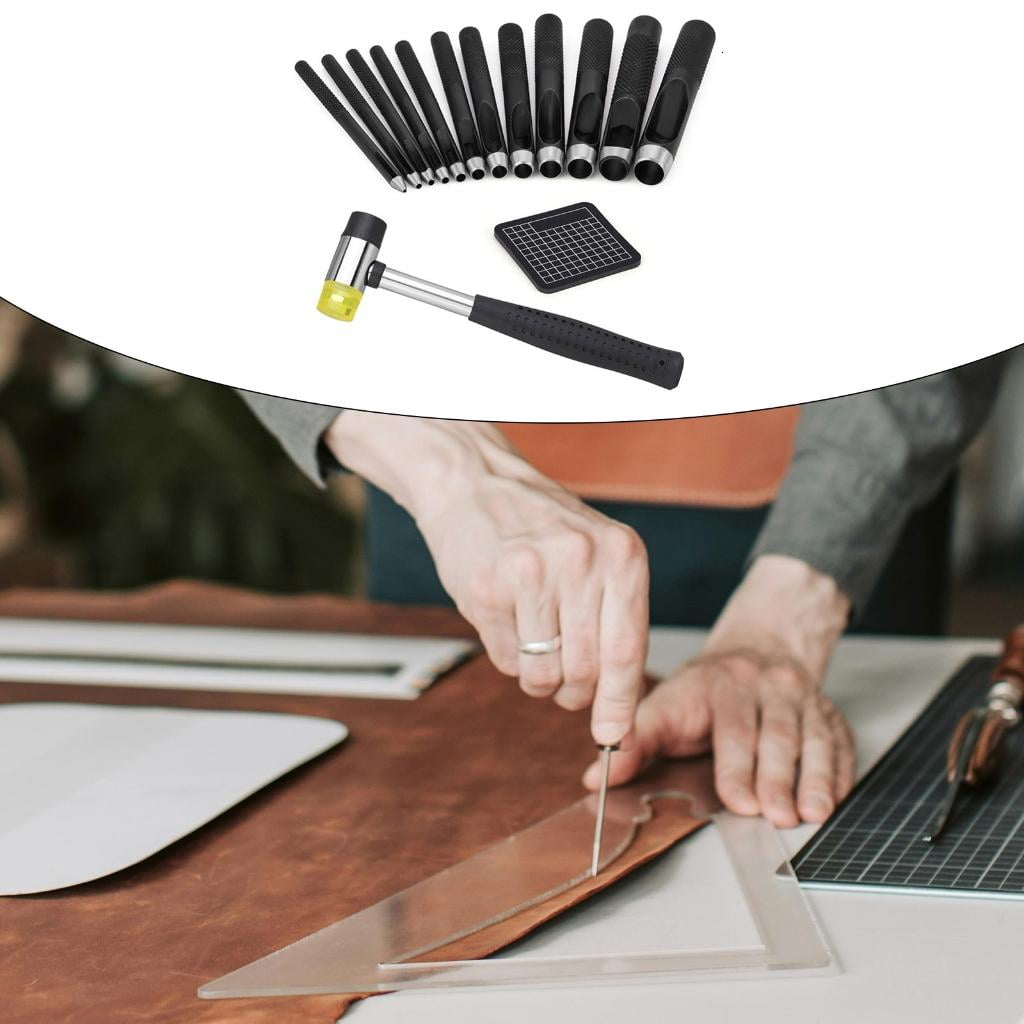 Rvaymup Round Leather Hole Punching with Hammer Hollow Punching Set Leather Hole Punching Tool