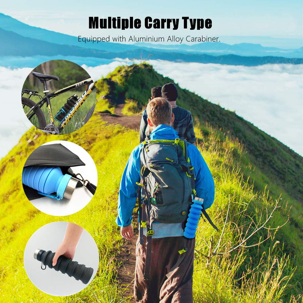CNKOO Collapsible Water Bottle, Reuseable BPA Free Silicone Foldable Water Bottles for Travel Gym Camping Hiking, Portable Leak Proof Sports Water Bottle with Carabiner, 18oz Green