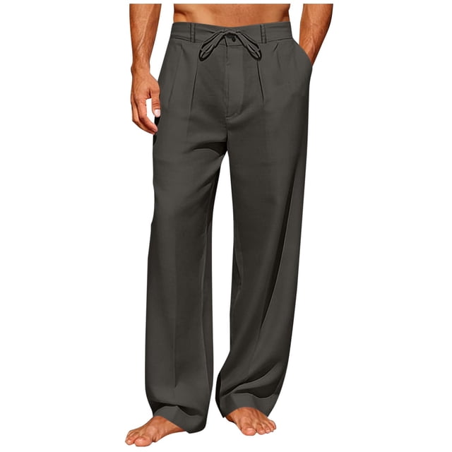 Pantalones de Cintura Elástica de Verano de Color Sólido Botón Cordón Pierna Recta, Pantalones de Pierna Recta Hombres Bolsillo Casual Salón