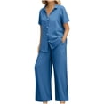 thumbnail image 2 of UVEASISHA Linen 2 Piece Sets for Women Short Sleeve Lapel Button Down Shirts and Wide Leg Pants Summer Casual Beach Vacation Outfits Blue XL, 2 of 8