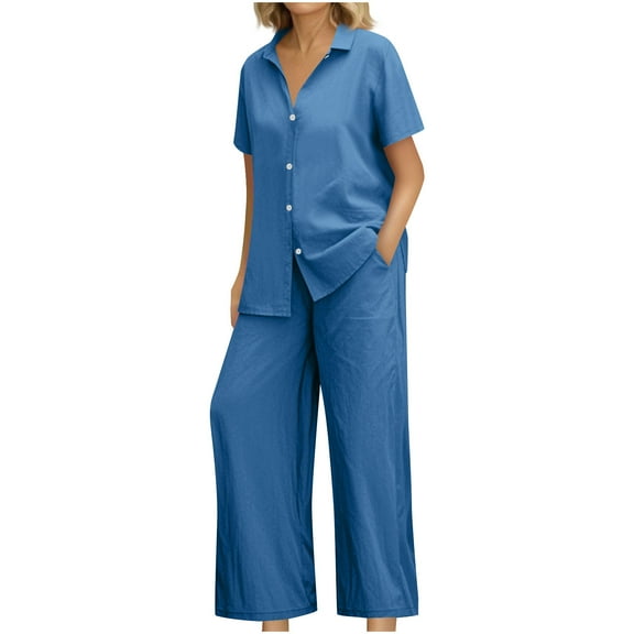 Atogsazn Women's 2Pcs Linen Set Casual Summer Short Sleeve Button Down Shirts Wide Leg Pants Outfit Clothes Fashion Blue XXL