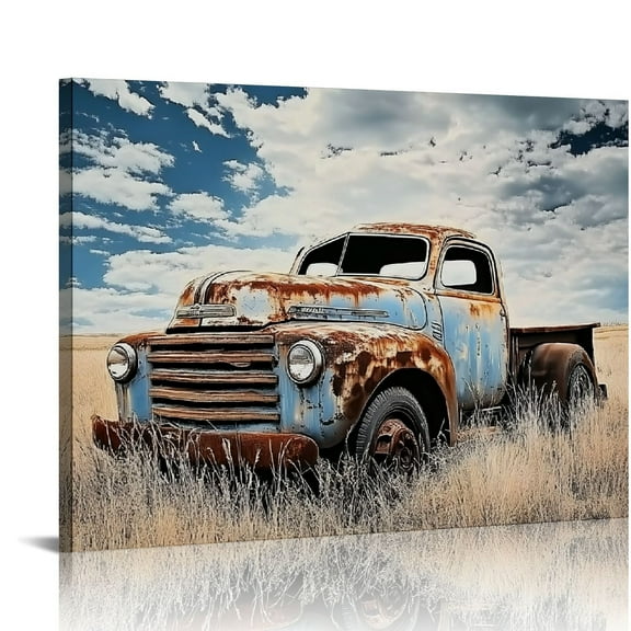 Shadudu Rustic Old Truck Canvas Wall Art Bathroom Pictures Wall Decor Vintage Blue Car Painting Prints for Farmhouse Kitchen Decor 20x16in