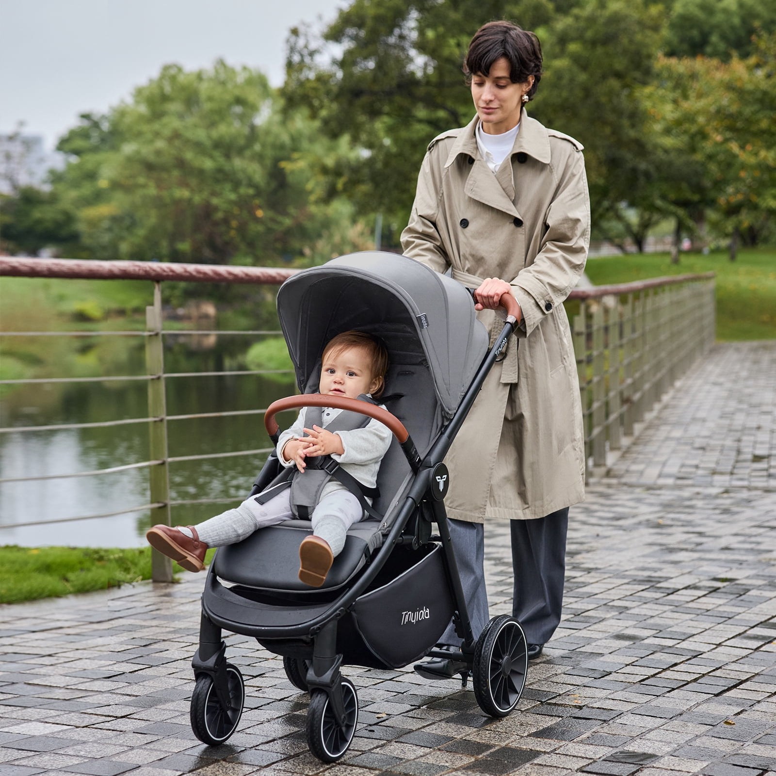 Tinyiota Baby Stroller with UPF 50+ Canopy, One-Hand Fold and Leather Handle, Black