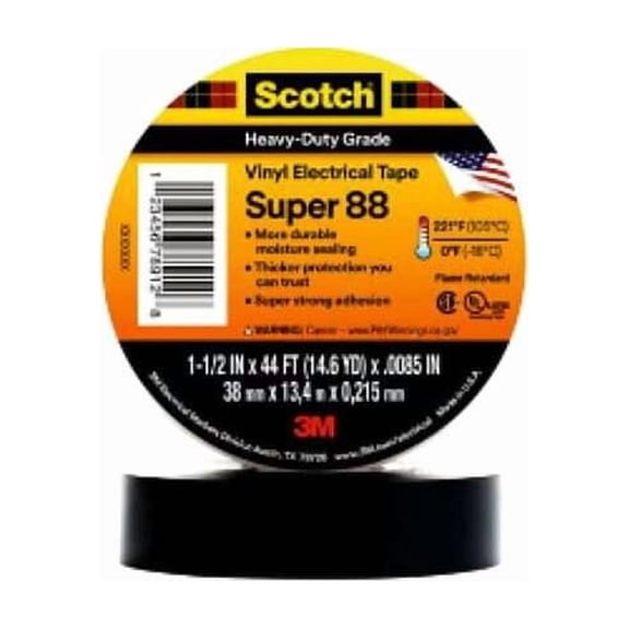 3m Electrical Tape, Black, 14-5/8 yd L, 1-1/2 in W Super 88