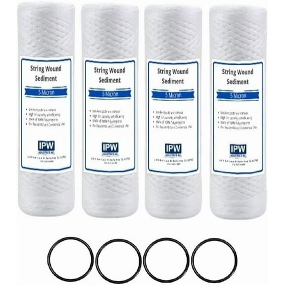 IPW Industries Inc. (PC40-20-P) 20" x 4.5" Whole House Heavy Duty String Wound Sediment Pre-Filter 5 Micron with O-Rings (4 Pack)