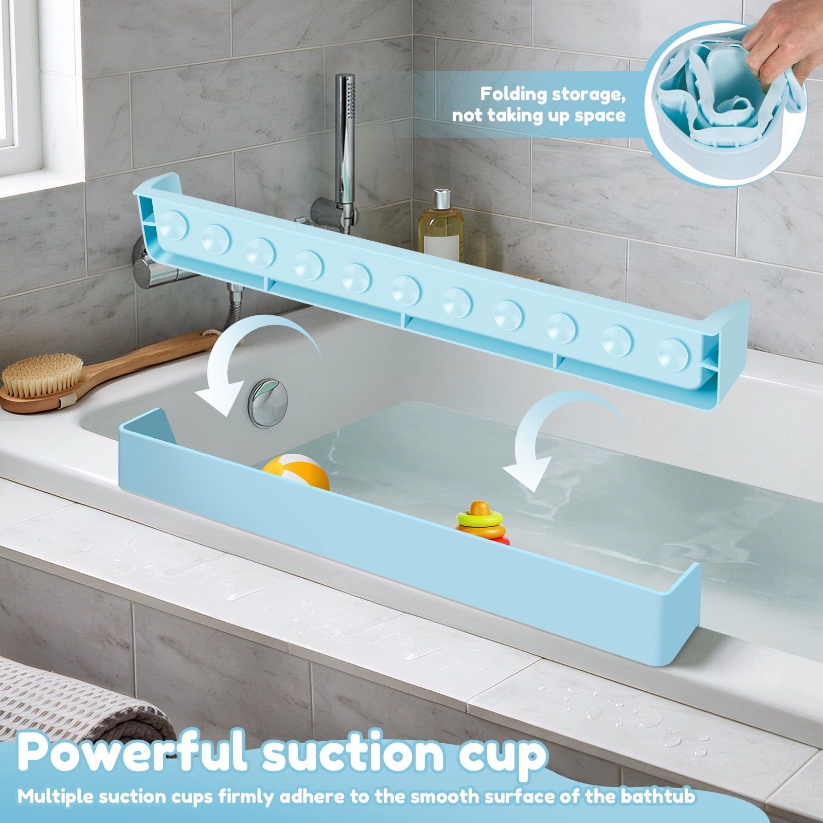 Ikoopy Splash Guard for Bathtub Kids Silicone Bathtub Sky Blue Splash Guard with Suction Cups Bath Tub Play Shelf for Kids and Toy Holder Avoid Water Spill in Bathroom Fun Bath Time for Toddler Baby