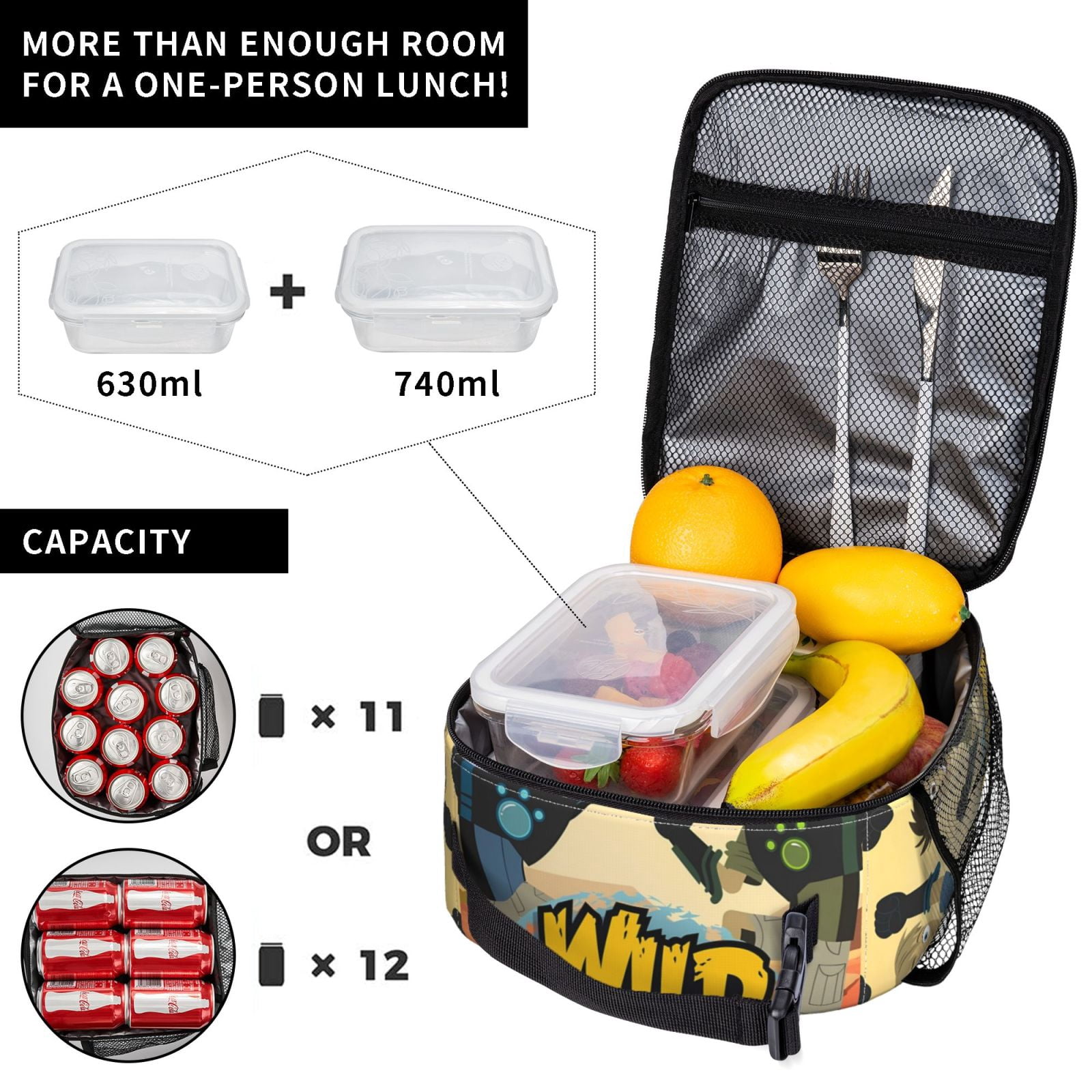 Wild Kratts Lunch Bag Insulated Portable Reusable Lunch Box With Zipper For Picnic Work Office Travel