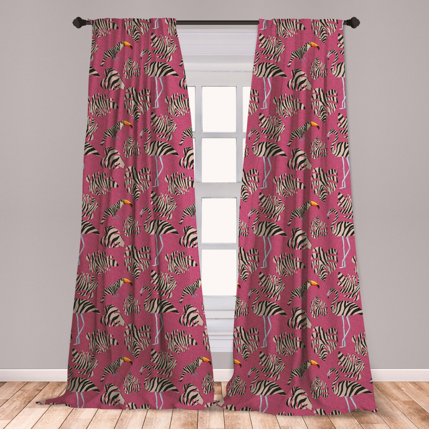 Pink Zebra Curtains 2 Panels Set, Flamingos Toucans Large Tropical