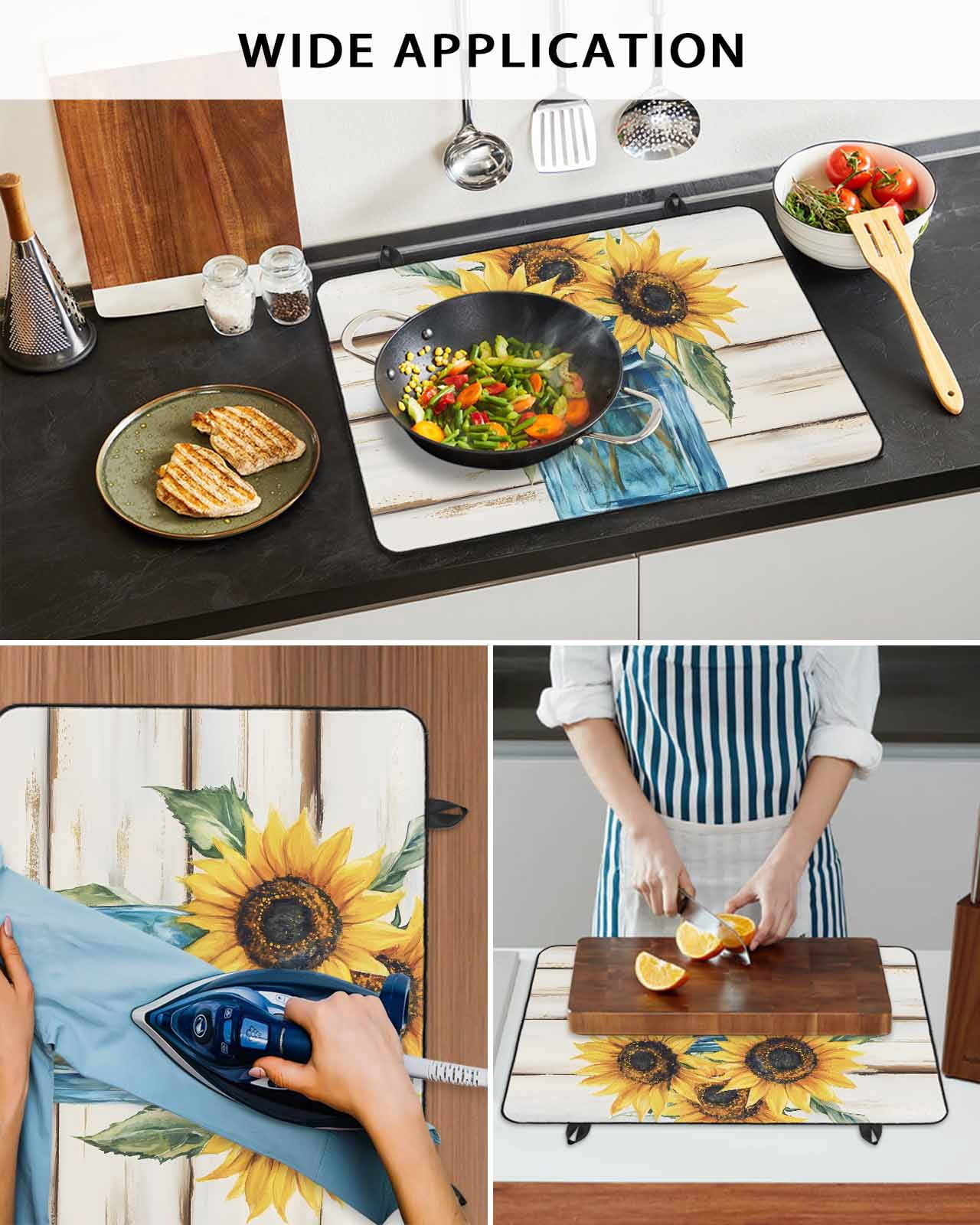 nqOlkjepod Large Induction Cooktop Protector Mat 24"x21", Sunflower Stove Top Covers for Electric Stove, Blue Bottle Yellow Floral Country Woodgrain Stove Burner Cover Mats, Glass Top Stove Cover